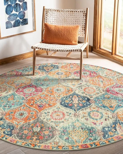Lahome Moroccan Trellis Washable Round Area Rug, Soft Round Rugs 6ft Ultra-Thin Non-Slip, Vintage Large Circle Carpet for Bedroom Living Room Kitchen Nursery, Cream/Multi