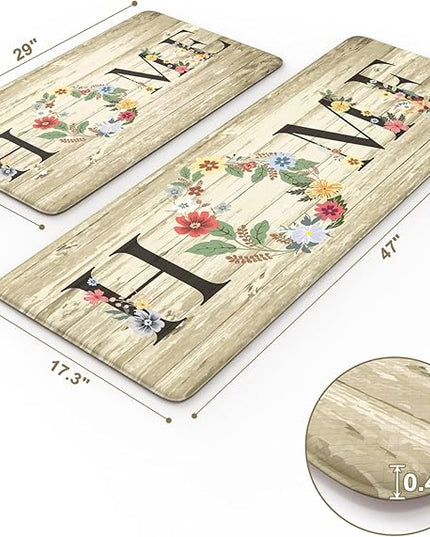 KIMODE Anti Fatigue Kitchen Mats for Floor 2 Piece,Farmhouse Floral Rugs Cushioned,Comfort Memory Foam Carpet Non Slip for Sink Laundry Office Bathroom,Beige 17"x47"+17"x29"