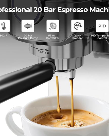 20 Bar Espresso Machine, Compact Espresso Coffee Maker with Milk Frother for Latte/Cappuccino, Auto Clean/34oz Removable Tank/Auto Shut-Off, Espresso Maker for Home/Office, Stainless Steel