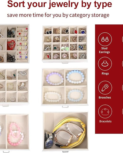BOOVO Jewelry Box For women, 6 Layer Large Jewelry Organizer With Mirror, Multi-Function Storage Box With Lock, Accessory Holder With 5 Drawers, For Earrings Necklace Ring Bracelet (White)