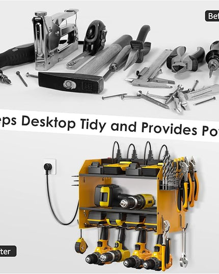 CCCEI Modular Power Tool Organizer Wall Mount with Charging Station. Garage Drill Storage Shelf with Hooks, Heavy Duty Rack, Tool Battery Holder Built in 8 Outlet. Gift for Men. Yellow, 1 Pack.