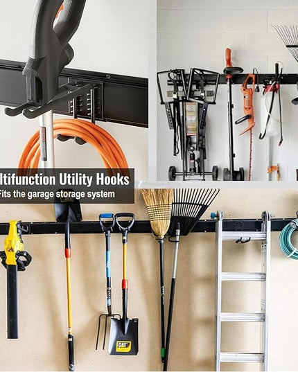 Wall Mount Tool Storage Rack, Garage Organization, Heavy Duty Garage Storage Tool Organizer, Garden Tool Wall Hooks and Hangers, Hold Up to 350lbs Black 2Pack