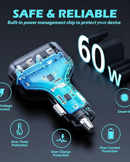 SUNDA 60W USB C Fast Car Charger | 4-Ports Car Charger Adapter | Dual Type C PD30W/PPS30W Compatible with iPhone17/16 Pro/Max/iPhone15/Galaxy/SamsungS25 | Dual USB-A 18W QC3.0 for Android(Black)