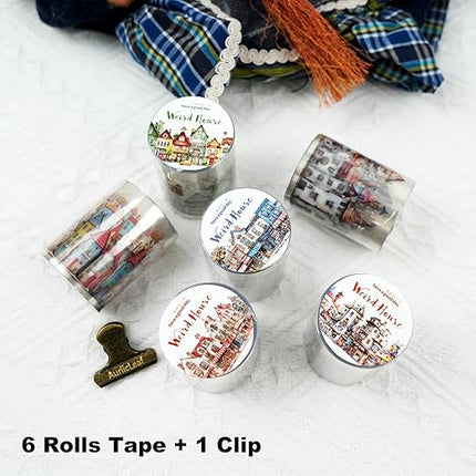AuriicLeaf Weird House PET Tape Set with Clip, 6 Rolls of Vintage Town Stickers for Scrapbooking, Journaling, DIY Crafts, and Planners