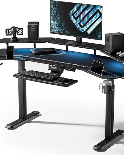 EUREKA ERGONOMIC Gaming Desk, Standing Desk w Keyboard Tray, 72" Wing Shaped Music Studio Table with LED Shelves, Gaming Recording Live Stream, Slot Design