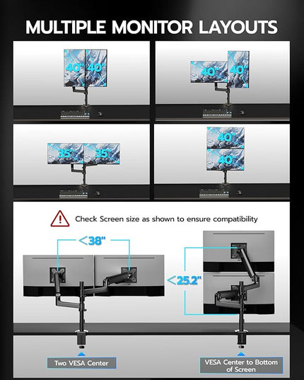 ARES WING Dual Monitor Mount - Ultrawide Monitor Arm for 17 to 40 Inch Heavy Duty Curved Screen Up to 26.4 lbs with Clamp/Grommet Desk Mount, 75/100 Vesa Mount, Black