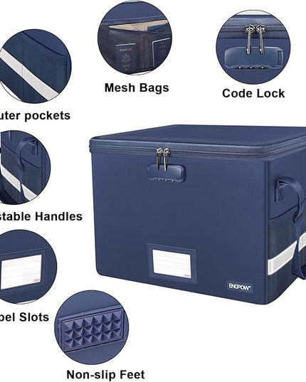 ENGPOW File Box with Lock, Fireproof Document Box with Zipper＆Pockets, Collapsible File Organizer Filing Storage Cabinet with Handle, Portable Home Office Safe for Hanging Letter/Legal Folder, Blue
