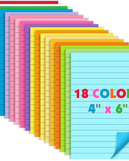 18 Pads Lined Sticky Notes, 18 Colors 4in x 6in Self Stick Note Pads, Strong Adhesive Sticky Note with Lines, Large Sticky Notes for School, Home, Office, 24 Sheets/Pad