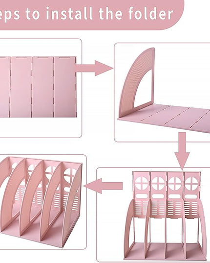 SAYEEC Sturdy Magazine Holder 4 Compartments Plastic Desktop File Organizer File Dividers Office Organizer Storage Document Magaizne Rack Display Box (Pink)
