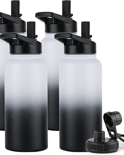 DOMICARE 32 oz Insulated Water Bottle Bulk, Vacuum Insulated Stainless Steel Sports Water Bottle with Straw Lid & Spout Lid, Leakproof, Reusable - Travel, Camping, Bike, Black White Gradient (4 Pack)