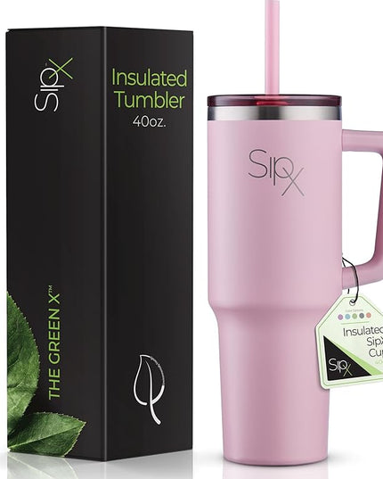SIPX™ 40 oz Insulated Tumbler with Handle & Straw – Vacuum Insulated Stainless Steel, Leakproof, Cupholder Friendly – Perfect for Iced Coffee, Water & Travel – Pink
