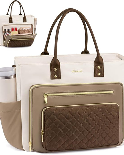 LOVEVOOK 17 Inch Laptop Tote Bag for Women, Teacher Nurse Work Bags, Laptop Bag With Large Cup Holder, Professional Briefcase Business Computer Purses Handbag Gifts,Khaki-Beige-Coffee