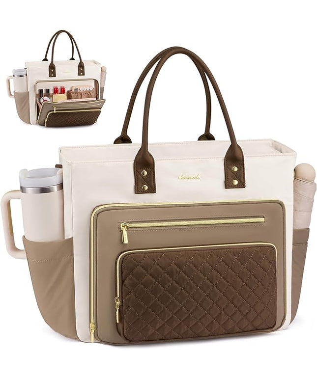 LOVEVOOK 17 Inch Laptop Tote Bag for Women, Teacher Nurse Work Bags, Laptop Bag With Large Cup Holder, Professional Briefcase Business Computer Purses Handbag Gifts,Khaki-Beige-Coffee