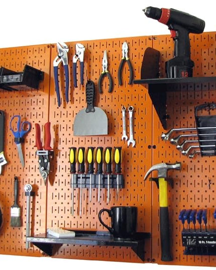 Wall Control 4 ft Metal Pegboard Standard Tool Storage Kit with Orange Toolboard and Black Accessories