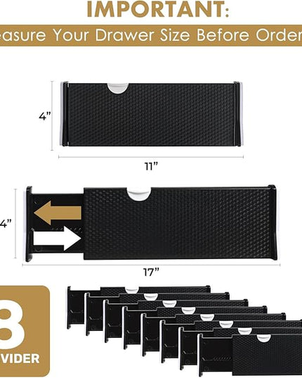 RAPTUROUS Adjustable Drawer Dividers 8 Pack, 4” High, 11-17” Long, Dresser Drawer Organizer for Bedroom, Closet, Kitchen, Nursery, Office, Strong Hold, Soft Foam Edges, Black