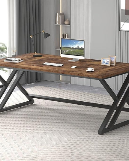 LVB 70.8" Computer Desk, Industrial Extra Long Wood Home Office Desk, Large Rustic Modern Metal Workstation Pc Study Writing table, Dual monitor Double Work Executive Desk for Two Person, Rustic Brown