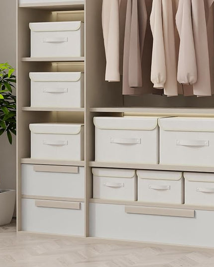 Storage Boxes, Collapsible Storage Bins with Lids, Cotton and linen cloth Storage Baskets with Handle, for Books, Closet, Bedroom, Home, 13x9.1x7.9 in, Beige