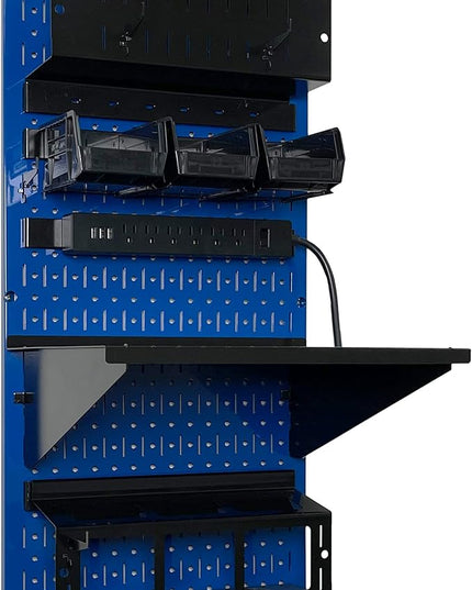 Wall Control Power Tool Storage Organizer Kit Cordless Drill Holder Charging Station Rack 16” x 32” Metal Pegboard Organization System (Blue Pegboard)