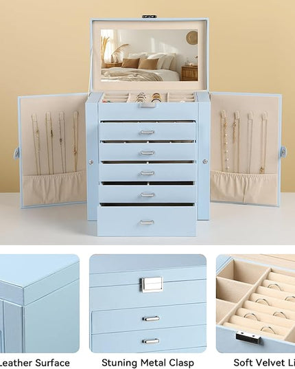 Frebeauty Large Jewelry Box,6-Tier PU Leather Jewelry Organizer,Multi-functional Storage Case with Mirror,Accessories Holder with 5 Drawers for Necklace Bracelets Watches(Sky Blue)