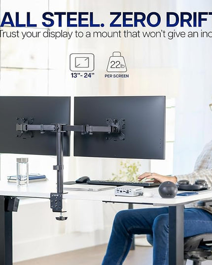 VIVO Dual Monitor Desk Mount, Heavy Duty Fully Adjustable Steel Stand, Holds 2 Computer Screens up to 24 inches and Max 22lbs Each, Black, STAND-V024