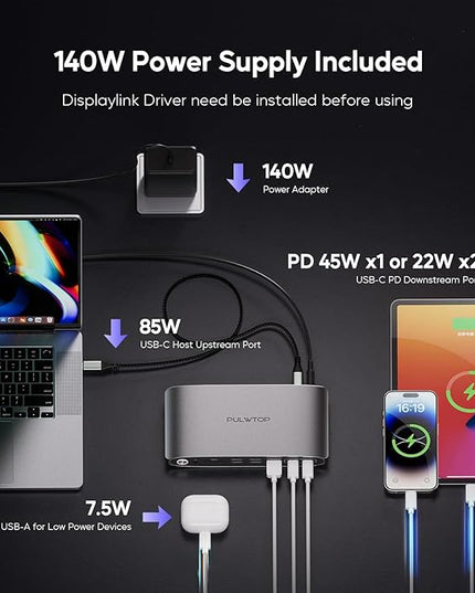DisplayLink Docking Station Triple Monitor with 140W Power Adapter, PULWTOP 4K@60Hz Laptop Docking USB C Dock for MacBook M1/M2/M3, Windows, 3xHDMI, 2xDisplayPort,5xUSB C/USB A Data/Charging