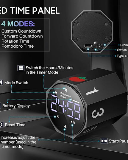 Digital Pomodoro Timer,Frosted Metal Productivity Cube Timer,1.8 In LED Digital Large Screen and Auto-rotating Display,1/3/5/10/25/30/60min & Custom Time, Silent & Alarm,for Office, Study, Work(Black)