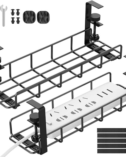 Under Desk Cable Management Tray, 31.5'' No Drill Steel Cable Tray Organizers, Wire Management Tray Cable Rack with Clamp Mount, Metal Under Desk Tray with Wire and Cord Organizer (Black, 2 Pack)