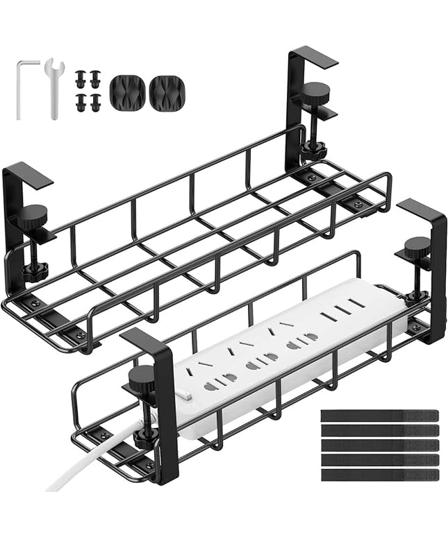Under Desk Cable Management Tray, 31.5'' No Drill Steel Cable Tray Organizers, Wire Management Tray Cable Rack with Clamp Mount, Metal Under Desk Tray with Wire and Cord Organizer (Black, 2 Pack)
