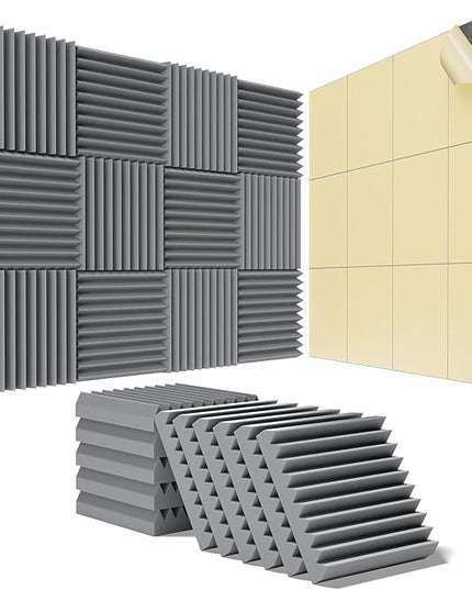 24 Pack Self-Adhesive Acoustic Panels - 2"X 12"X 12"Wall Panels - Quick-Recovery and High Density Sound Panels - Sound proof Acoustic Foam for Home Studio - Gray
