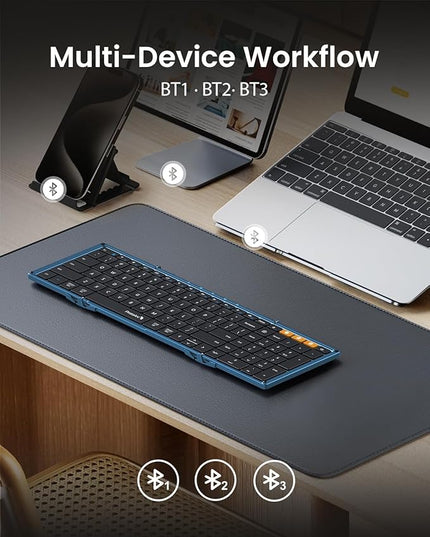 ProtoArc Foldable Bluetooth Keyboard, XK01 Full-Size Portable Wireless Keyboard for Travel, 105 Keys, 0.65" Keycaps, Multi-Device Sync for iPad Tablet Smartphone Laptop PC Windows iOS Android, Blue