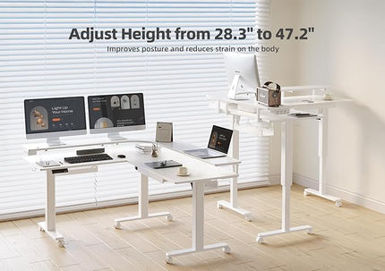 Claiks 63" L Shaped Standing Desk with Drawers and LED Lights, Height Adjustable Electric Corner Standing Desk with Monitor Stand & Power Outlet, 4 Memory Preset, White