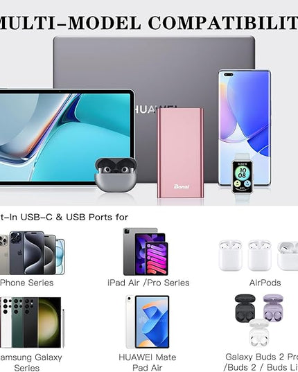 BONAI Portable Charger 12,000mAh 5V/3A Fast Charging Power Bank, Dural Input & Output Ports (USB-C in & Out) Portable Phone Charger for iPhone 17/16/15/14/13/12 Series Galxy Android iPad etc- Pink