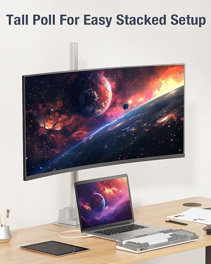 AVLT Single 40 Inch Monitor Arm Pole Top Mount with USB-C USB-A Ports-Gray, Supports 26.4 lbs (12kg), Ultrawide Screen fit, VESA Compatible, Tilt, Swivel, Rotate, Ergonomic Adjustable Height, Durable