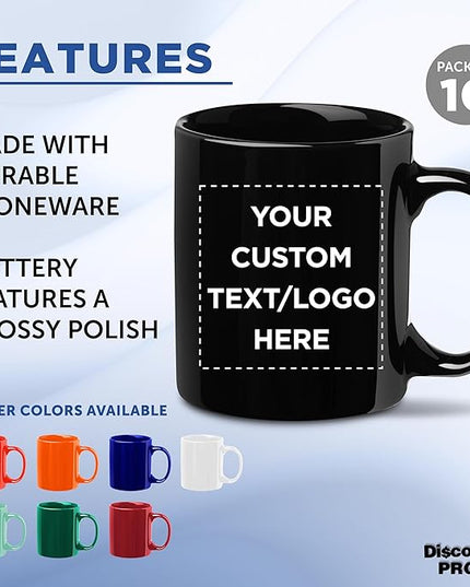 Custom Ceramic Coffee Mugs 11 oz. Set of 10, Personalized Bulk Pack - Coffee cup set, Iced coffee cup, Gaming mug - Black