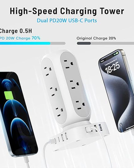 Flat Plug Power Strip Tower 15FT, 40W Total Fast Charging Station, Dual PD 20W USB-C Surge Protector with 12 AC Outlets and 8 USB Ports (4 USB C), Long Extension Cord for Home Office Dorm Room