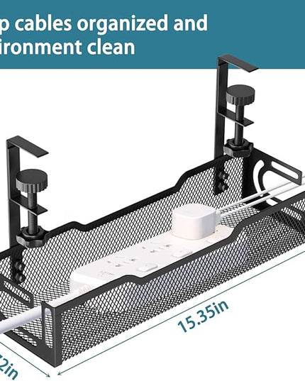 Under Desk Cable Management Tray, No Drill Mesh Desk Cable Tray, Wire Management Tray Cable Management Rack, Wire Organizer and Cable Management Box (Black)