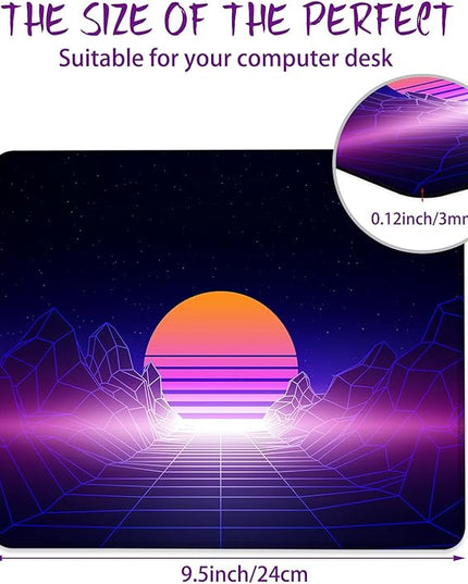Neon Wireframe Sunset Mountain Mouse Pad Square Mouse Mat Non-Slip Rubber Base Mousepad with Stitched Edge, Portable MousePads for Desk Computers Laptop Office, 9.5x8 Inches