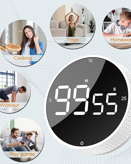 Upgrade Digital Kitchen Timer - Magnetic Countdown Countup Visual Pomodoro Timer with Large LED Display, 3-Preset Times (5, 15, 25), 3 Volume Levels, Ideal for Cooking, Baking and Fitness (1, White)