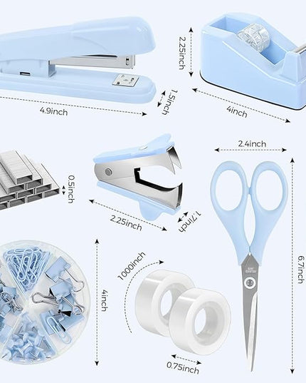 SKYDUE Blue Office Desk Accessories, Blue Office Supplies, Stapler, Tape Dispenser, Scissors, Clips and 1000pcs Staples,Desk Supplies for Women