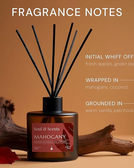 Soul & Scents Reed Diffuser Set – Mahogany | 7.43 oz Refillable Scented Oil with 6 Fiber Sticks | Long-Lasting Home Fragrance & Air Freshener for Bedroom, Bathroom, Office | Gift & Décor Piece
