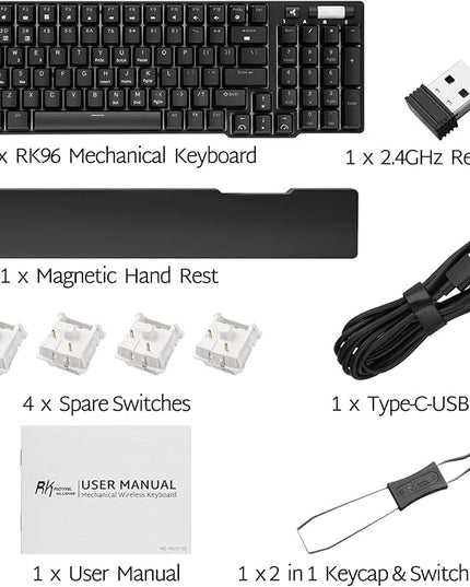 RK ROYAL KLUDGE RK96 90% 96 Keys BT5.0/2.4G/USB-C Hot Swappable Mechanical Keyboard, Wireless Mechanical Keyboard with Magnetic Wrist Rest, Blue Backlight (Blue Switch)