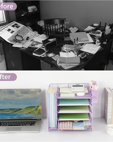 OUTIOE Desk Organizer with Drawer and Pen Holder, 5-Tier Paper Letter Tray Organizer with File Holder, Suitable for Workspace Organizer Office Supplies Storage (Purple)