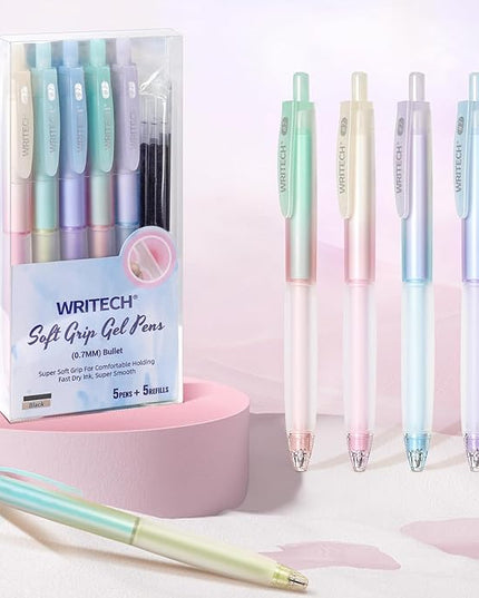 WRITECH Retractable Gel Ink Pens: 0.7mm Fine Point Black-Ink Aesthetic Gradient Color Barrel Soft Grip Medium Point Pen 5ct with 5 Refills for Journaling Smooth Writing Quick-dry No Bleed