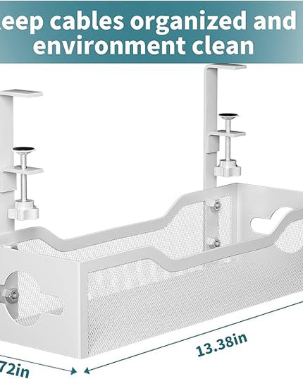 Under Desk Cable Management Tray No Drill, 13.38'' Metal Tray with Clamp for Wire Management, Litwaro Cord Organizer Home Office Damage to Standing Desk, White
