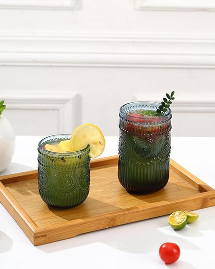 Blue Drinking Glasses Set of 12, 14 Oz Highball & 10 Oz Cocktail Glasses, Blue Kitchen Vintage Glassware Set, Floral Embossed Glass Tumbler Cups for Beer, Juice, Water, Whiskey, Coffee