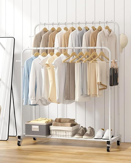 Laiensia Double Rods Garment Rack with Wheels, Clothing Rack for Hanging Clothes,4 Hooks, Multi-functional Bedroom Clothes Rack, White