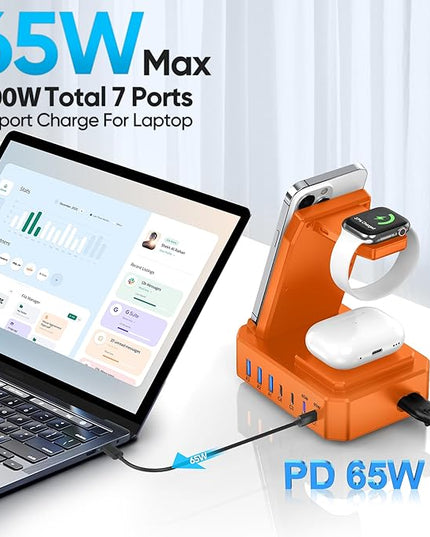 300W Charging Station for Multiple Devices Apple, Zutspzss 10 in 1 Wireless Charger for iPhone 16, GaN III USB C 65W PD Fast Charging Stand Dock for MacBook, Apple Watch&Airpods,Orange