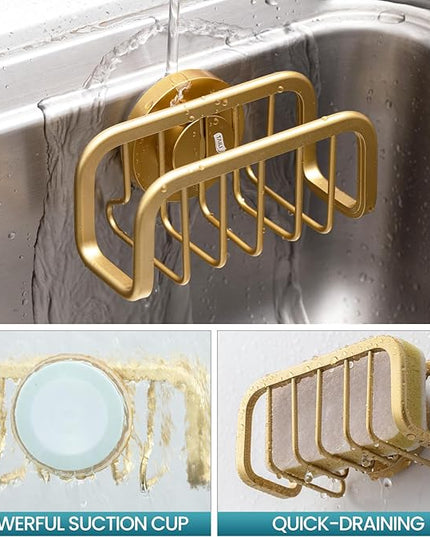 TAILI Sponge Holder for Kitchen Sink with Strong Suction Cup, Rustproof Aluminum Sink Caddy for Sponges, Removable Sponge Holder, Dish Brush for Scraper - Gold