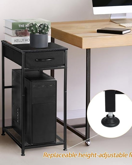 YBING PC Stand 2 Tier Computer Tower Stand with Drawer Mobile Computer Cart with Storage Metal CPU Holder on Wheels Pc Tower Stand Black Rolling Computer Tower Stand Floor for Office