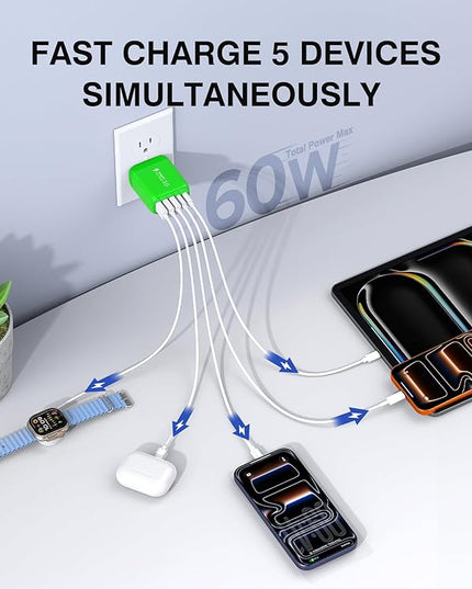 60W USB C Wall Charger Block,5-Port C Charger Fast Charging Block PD Power Adapter +QC 3.0 Multiport Type C Box Charger Cube USB A Wall Plug for iPhone 14/15/16/17 Pro Max Plus,Samsung(Green)(2-Pack)